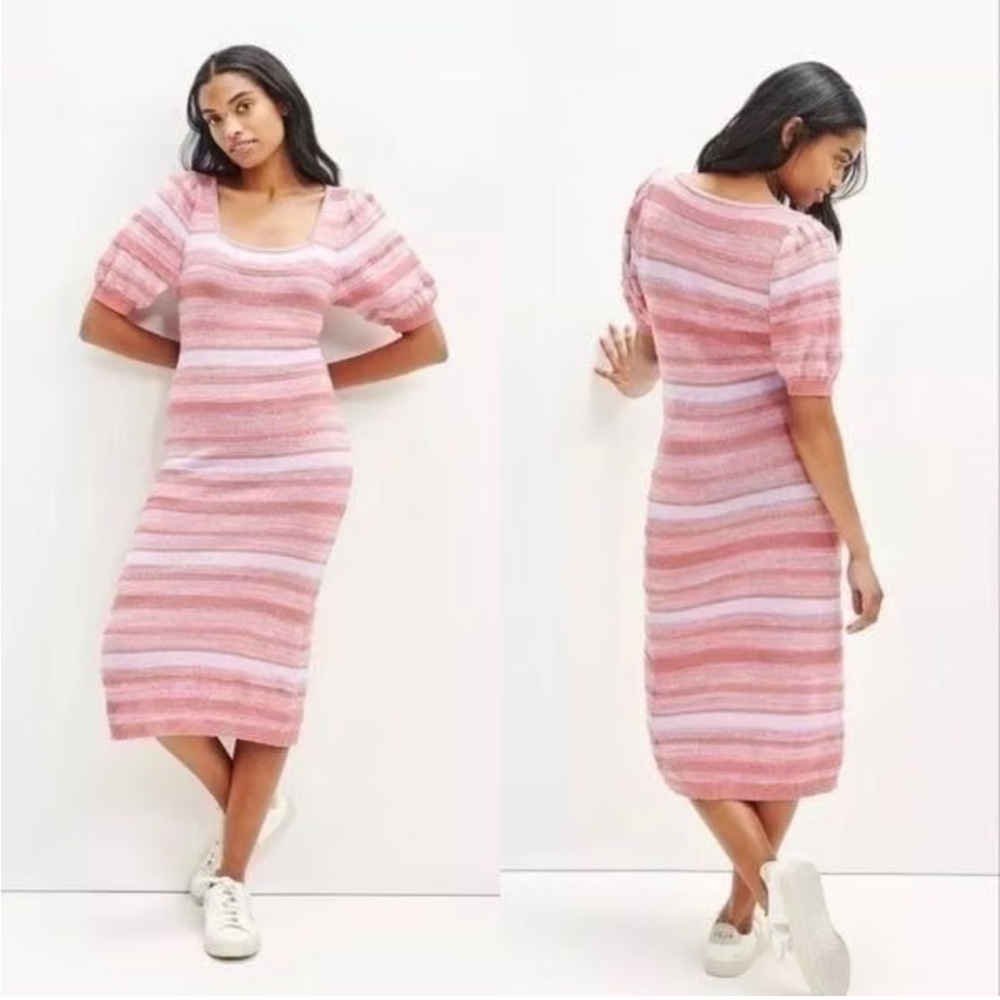 Amour Vert Vivienne Pink Striped Puff Sleeve Sweater Midi Dress